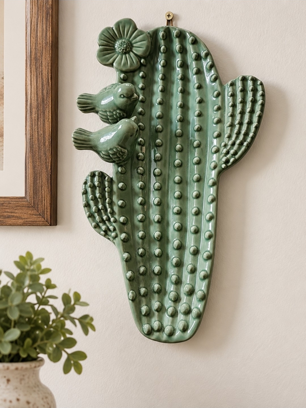 Ceramic Cactus Wall Plaque Or Trinket Dish Birds Green Vintage Southwestern Boho